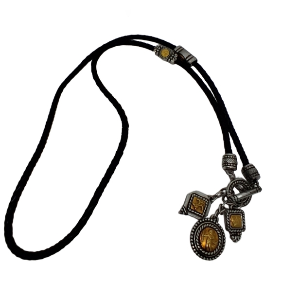 BRIGHTON VINTAGE BRAIDED LEATHER CORD WITH SILVER & COPPERTONE CHARMS NECKLACE - Picture 3 of 7